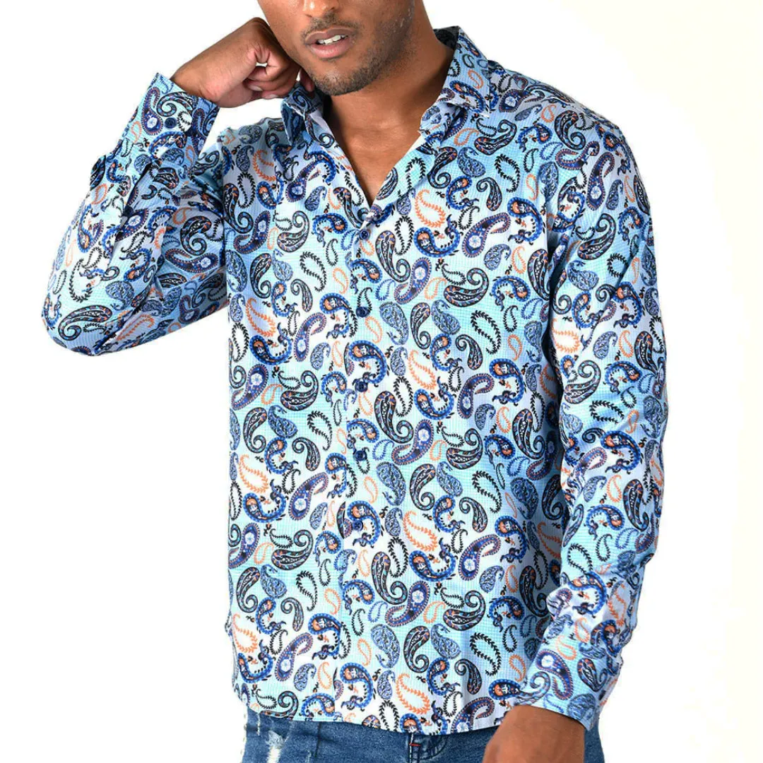 Men's Long Sleeve Button Down Dress Shirt Blue Orange White Grey Paisley All Over Print