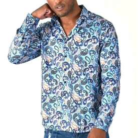 Men's Long Sleeve Button Down Dress Shirt Blue Orange White Grey Paisley All Over Print