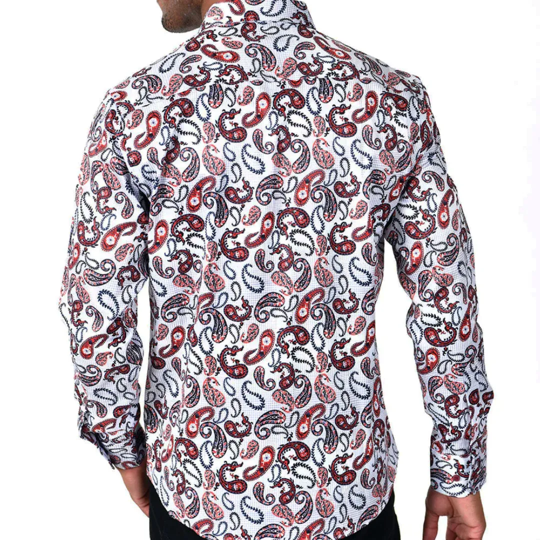 Men's Long Sleeve Button Down Dress Shirt Red White Black Paisley All Over Print