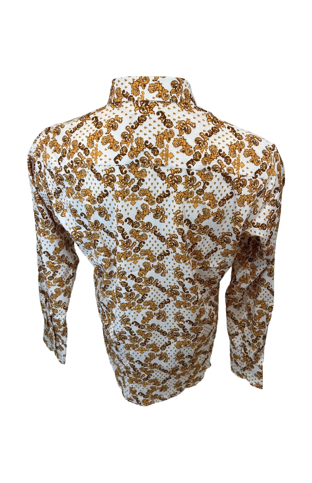 Men's Long Sleeve Button Down Dress Shirt White Yellow Brown All Over Floral Design