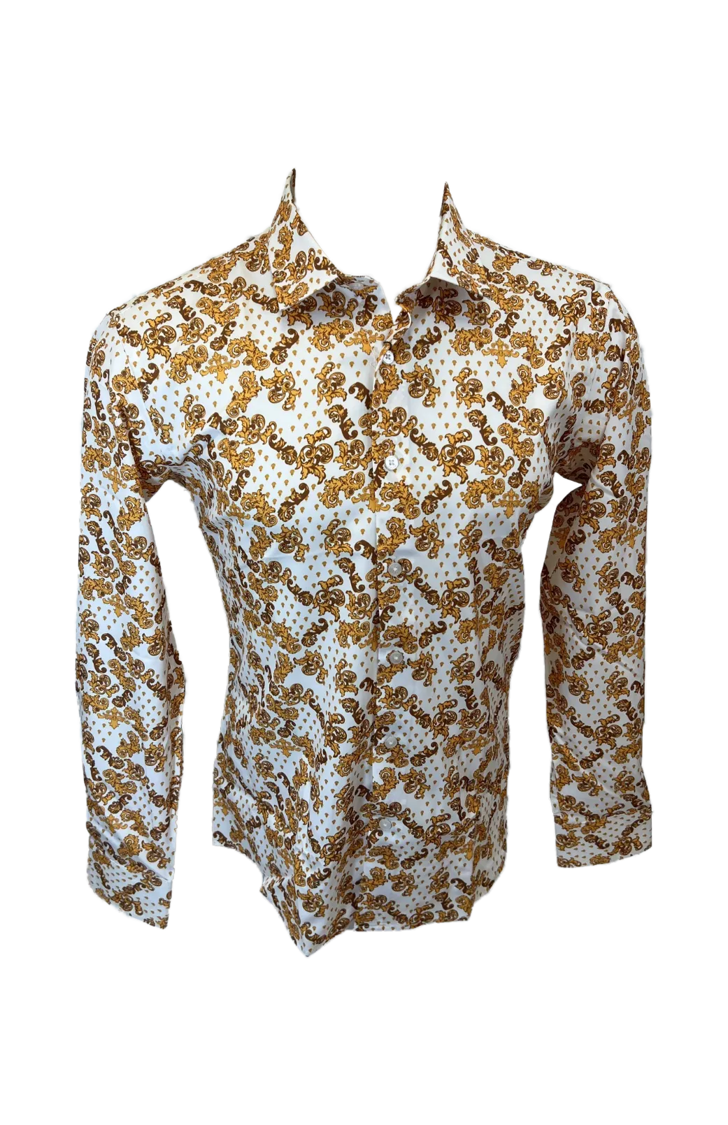 Men's Long Sleeve Button Down Dress Shirt White Yellow Brown All Over Floral Design