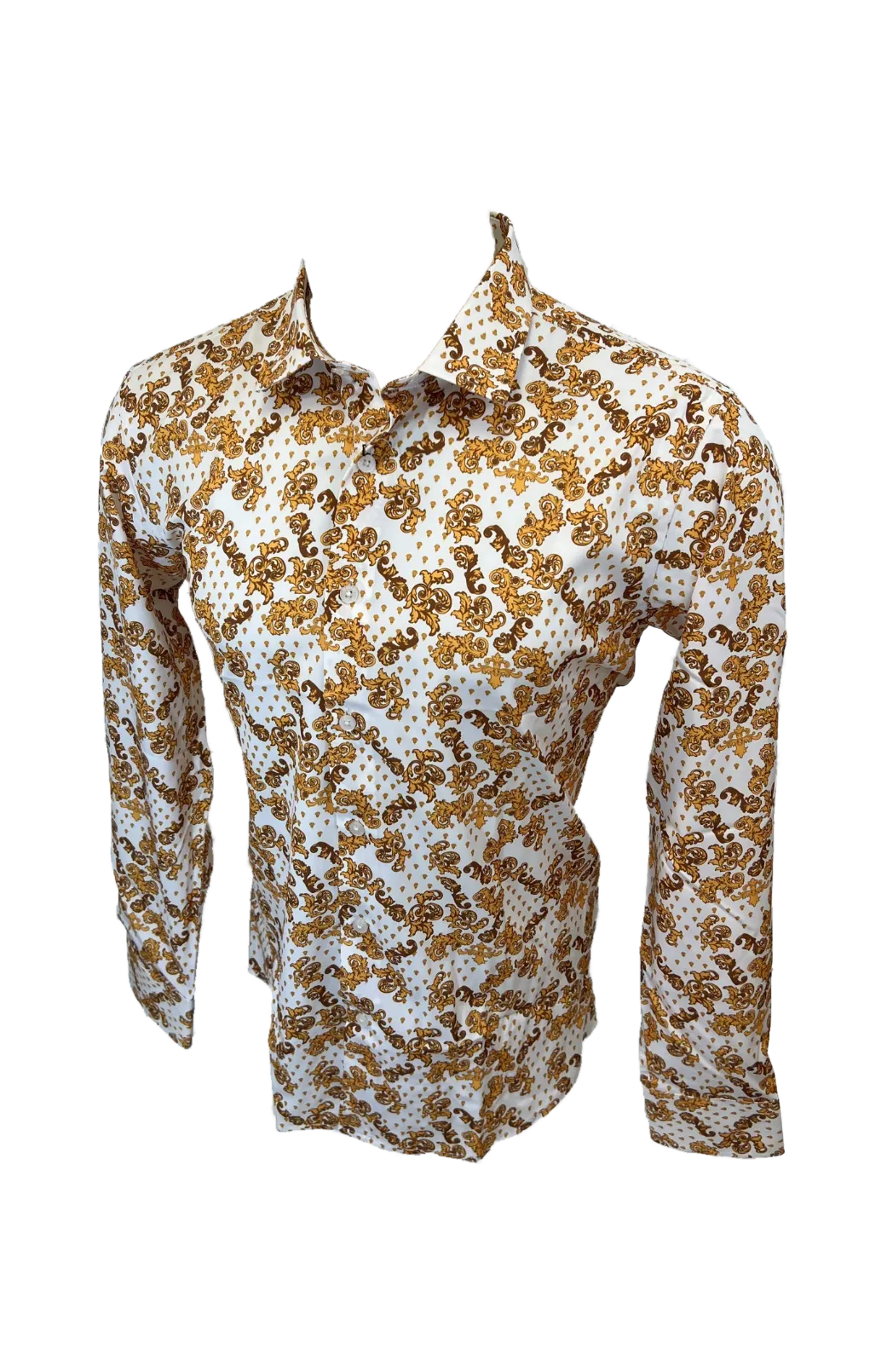 Men's Long Sleeve Button Down Dress Shirt White Yellow Brown All Over Floral Design