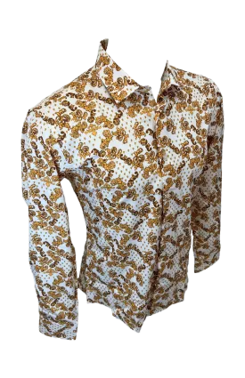 Men's Long Sleeve Button Down Dress Shirt White Yellow Brown All Over Floral Design