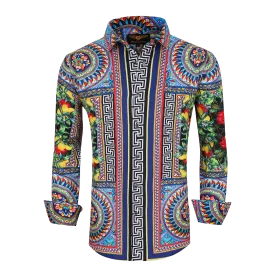 Men's NEW PREMIERE COLORFUL FLORAL GEOMETRIC Long Sleeve Button Down Dress Shirt