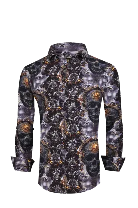 Mens PREMIERE Long Sleeve Button Down Dress Shirt Black Gold Skull Roses