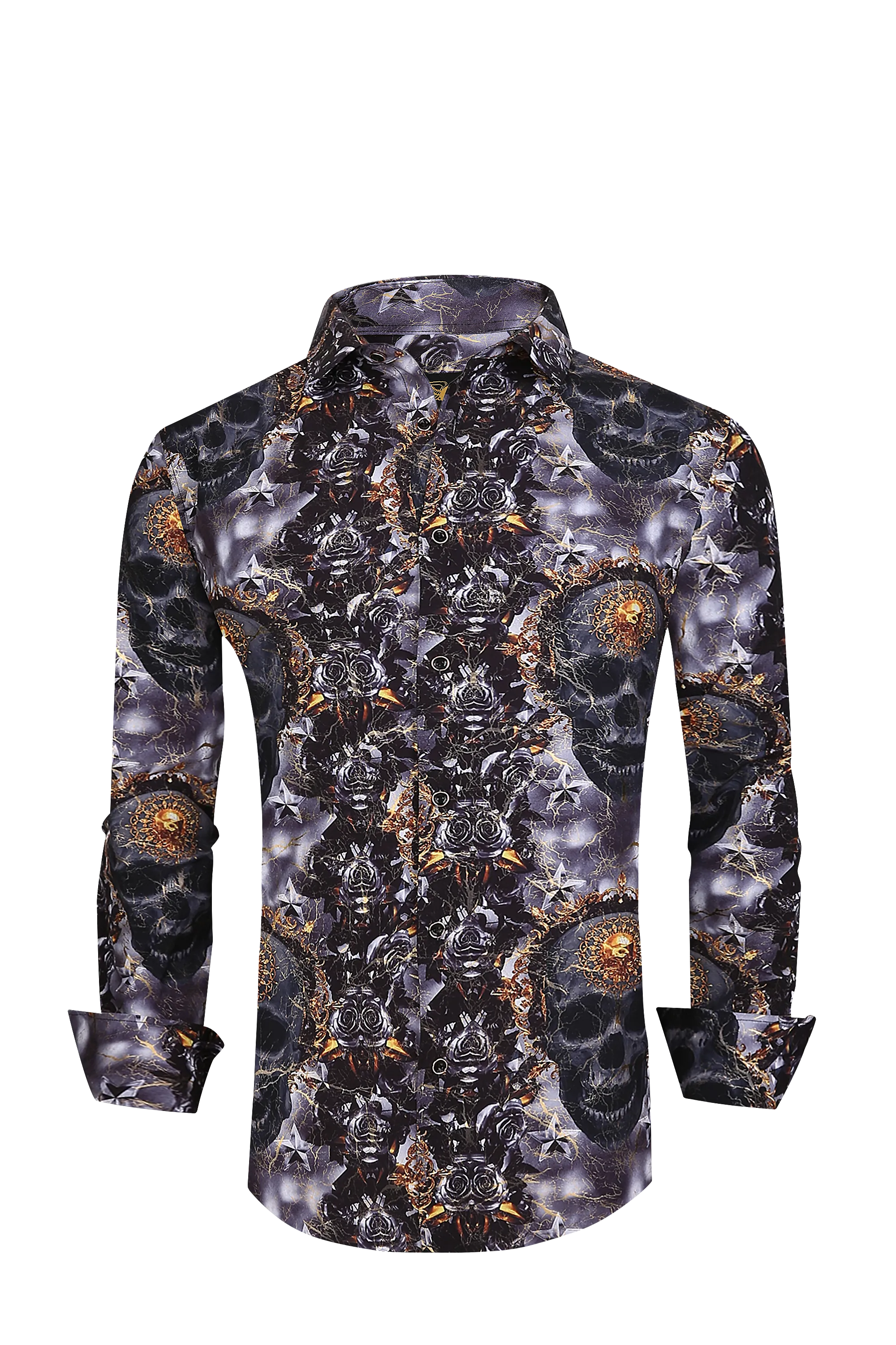 Mens PREMIERE Long Sleeve Button Down Dress Shirt Black Gold Skull Roses