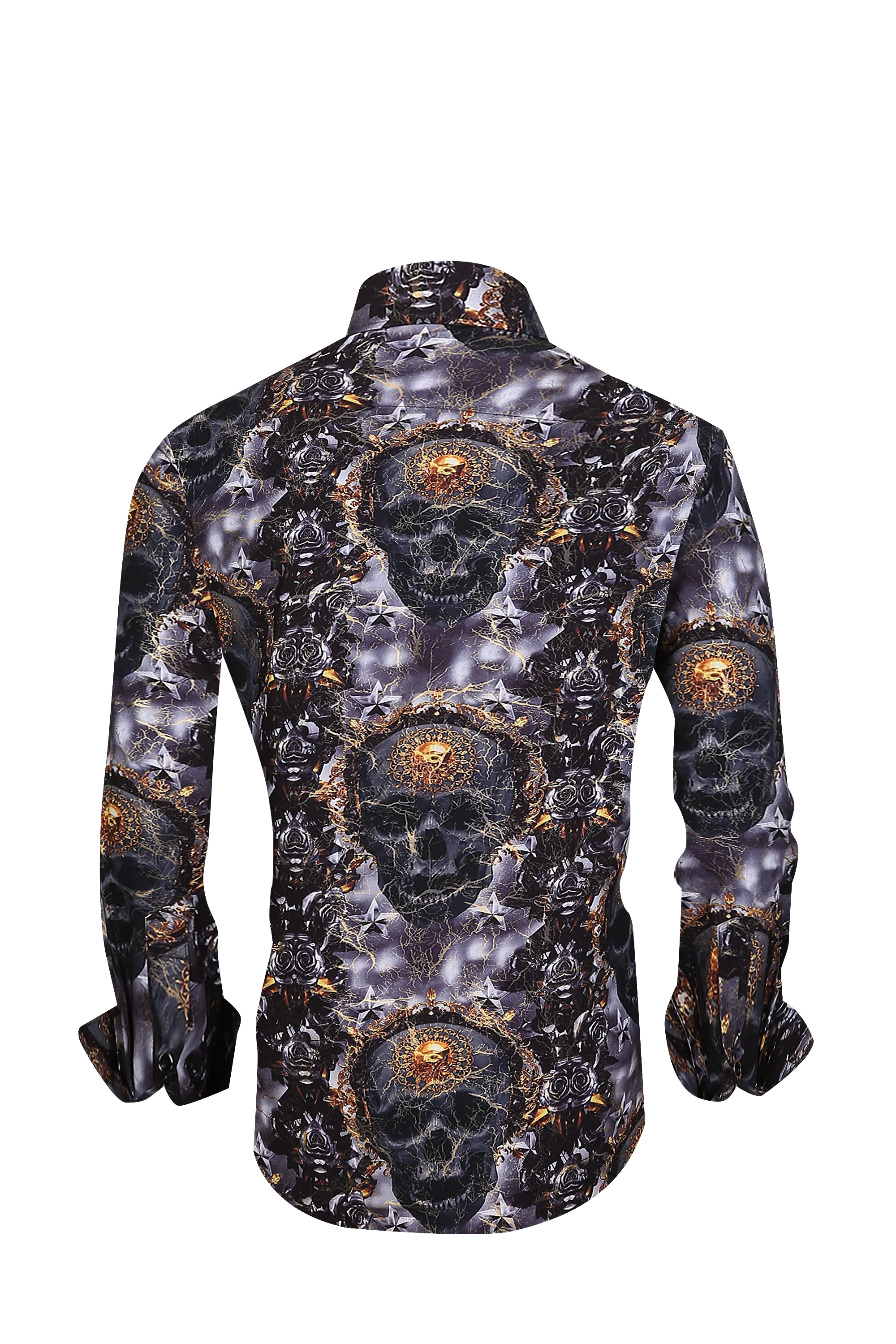 Mens PREMIERE Long Sleeve Button Down Dress Shirt Black Gold Skull Roses