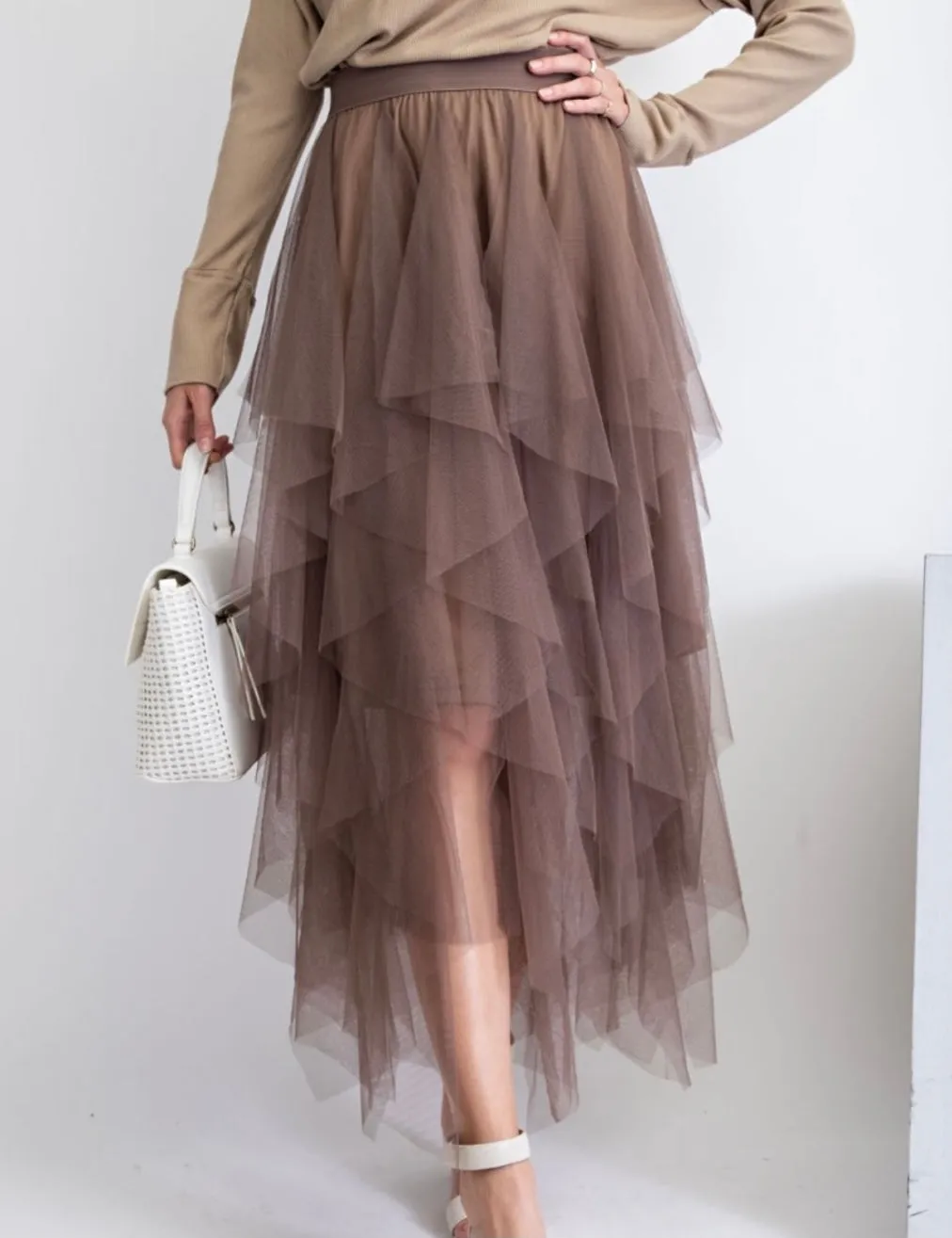 Mesh Ballerina Maxi Skirt - Brown/Olive