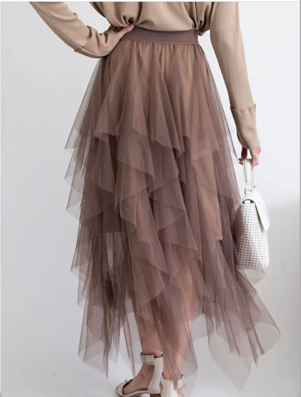 Mesh Ballerina Maxi Skirt - Brown/Olive
