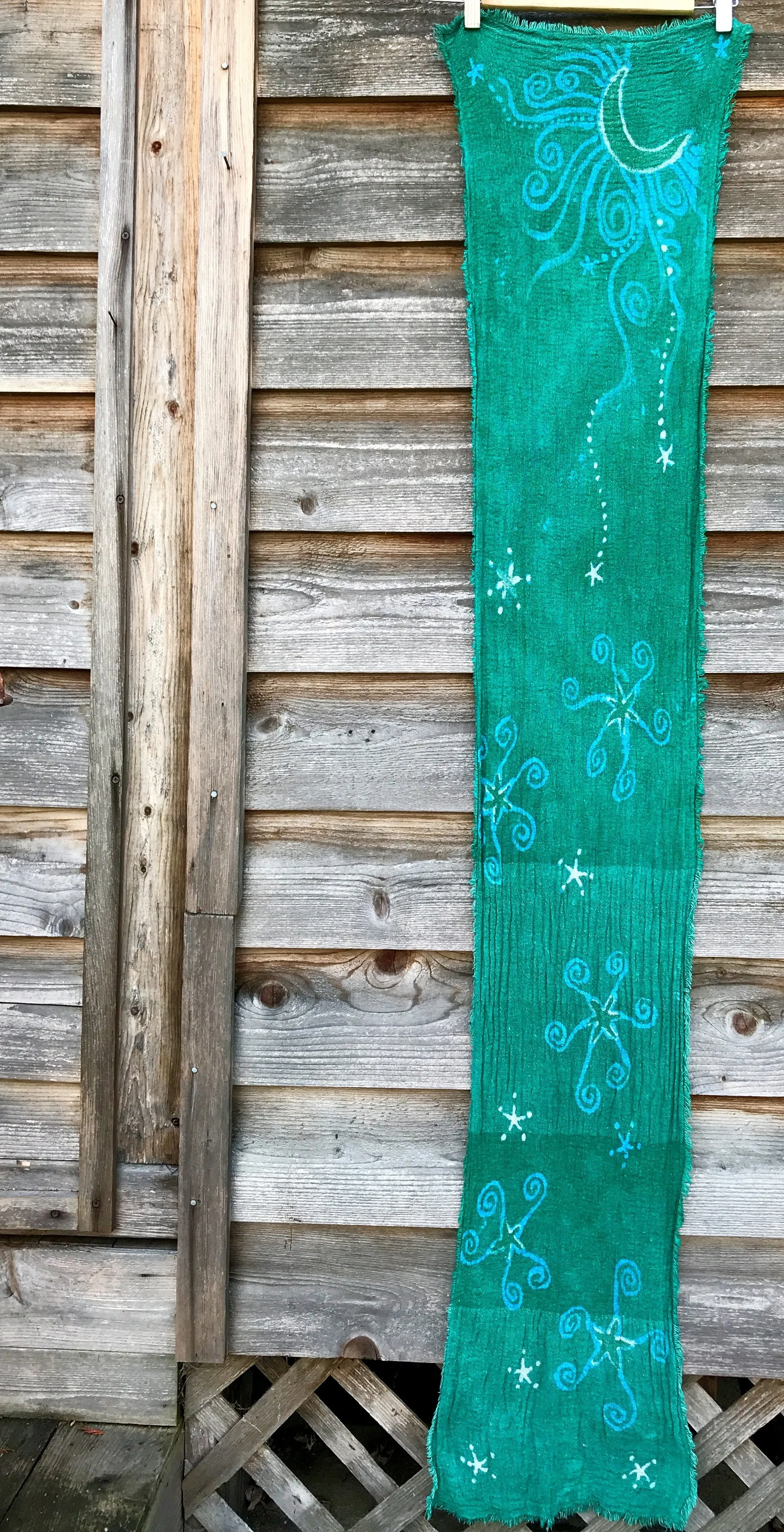 Midday Moon In A Springtime Meadow Handmade Batik Scarf in Organic Cotton