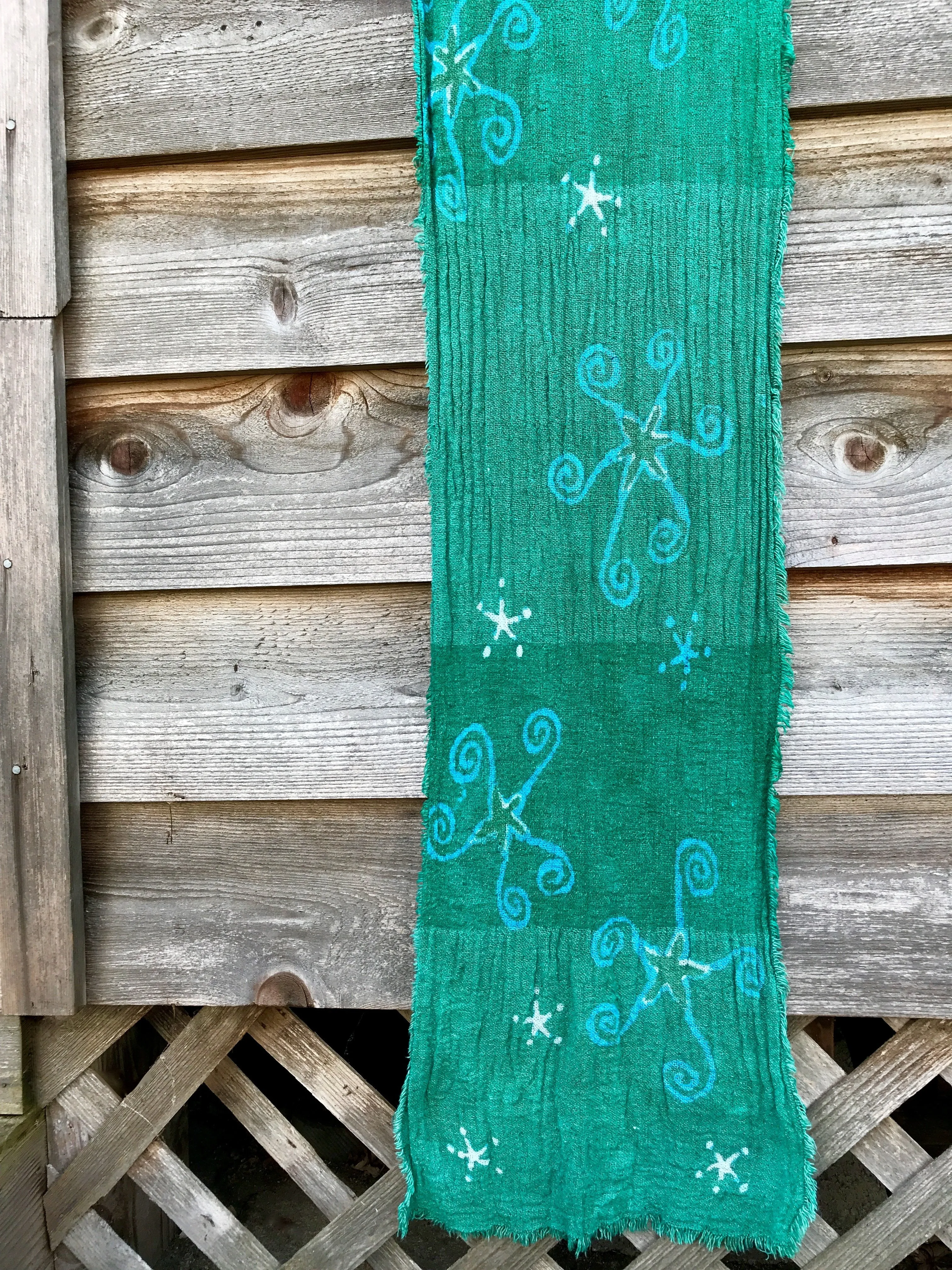 Midday Moon In A Springtime Meadow Handmade Batik Scarf in Organic Cotton