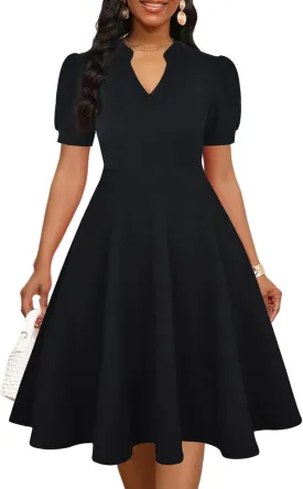 Mokayee Womens Summer Short Puff Sleeve Casual Semi-Formal Fit and Flare Church Wedding Guest Work Dresses with Pockets