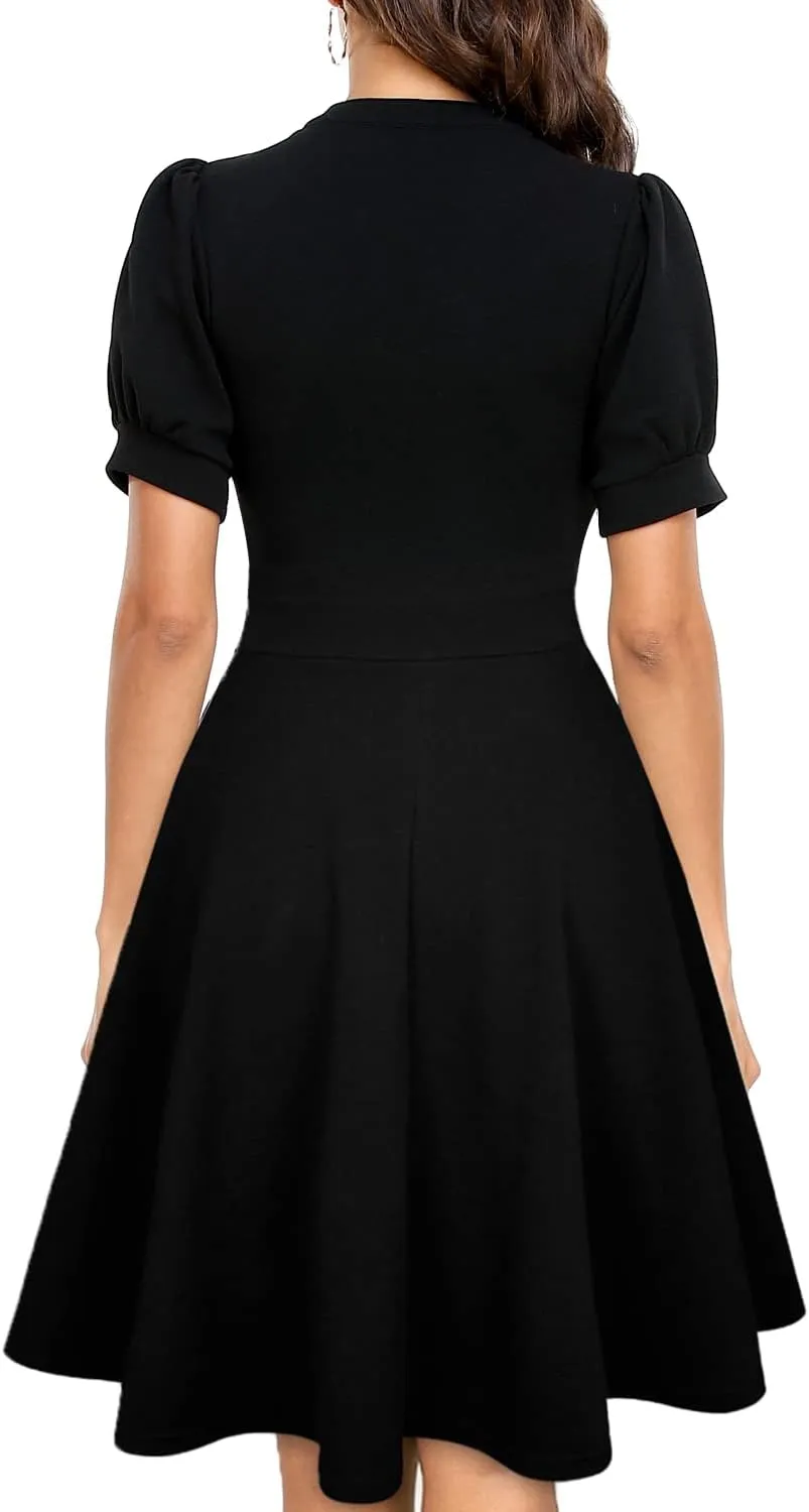Mokayee Womens Summer Short Puff Sleeve Casual Semi-Formal Fit and Flare Church Wedding Guest Work Dresses with Pockets
