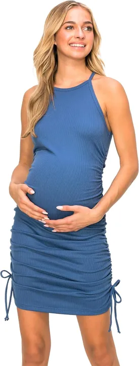 My Bump Women's Knit Ribbed Sleeveless Maternity Dress with Side Ruched and Strings(Made in USA)