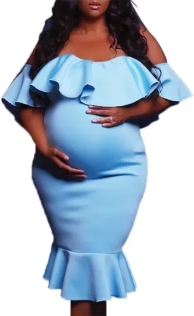 Off The Shoulder Maternity Dress Summer, Elegant Baby Shower Dress Bodycon Mermaid Midi with Ruffle Short Sleeves for Women