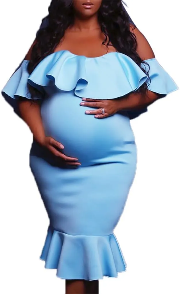 Off The Shoulder Maternity Dress Summer, Elegant Baby Shower Dress Bodycon Mermaid Midi with Ruffle Short Sleeves for Women