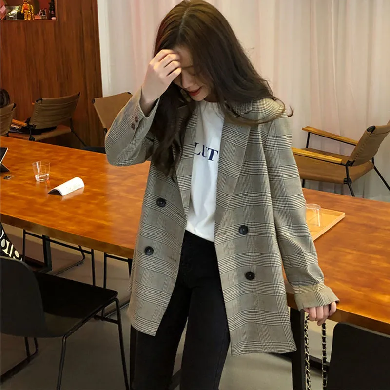 Plaid Double Breasted Notched Work Blazer