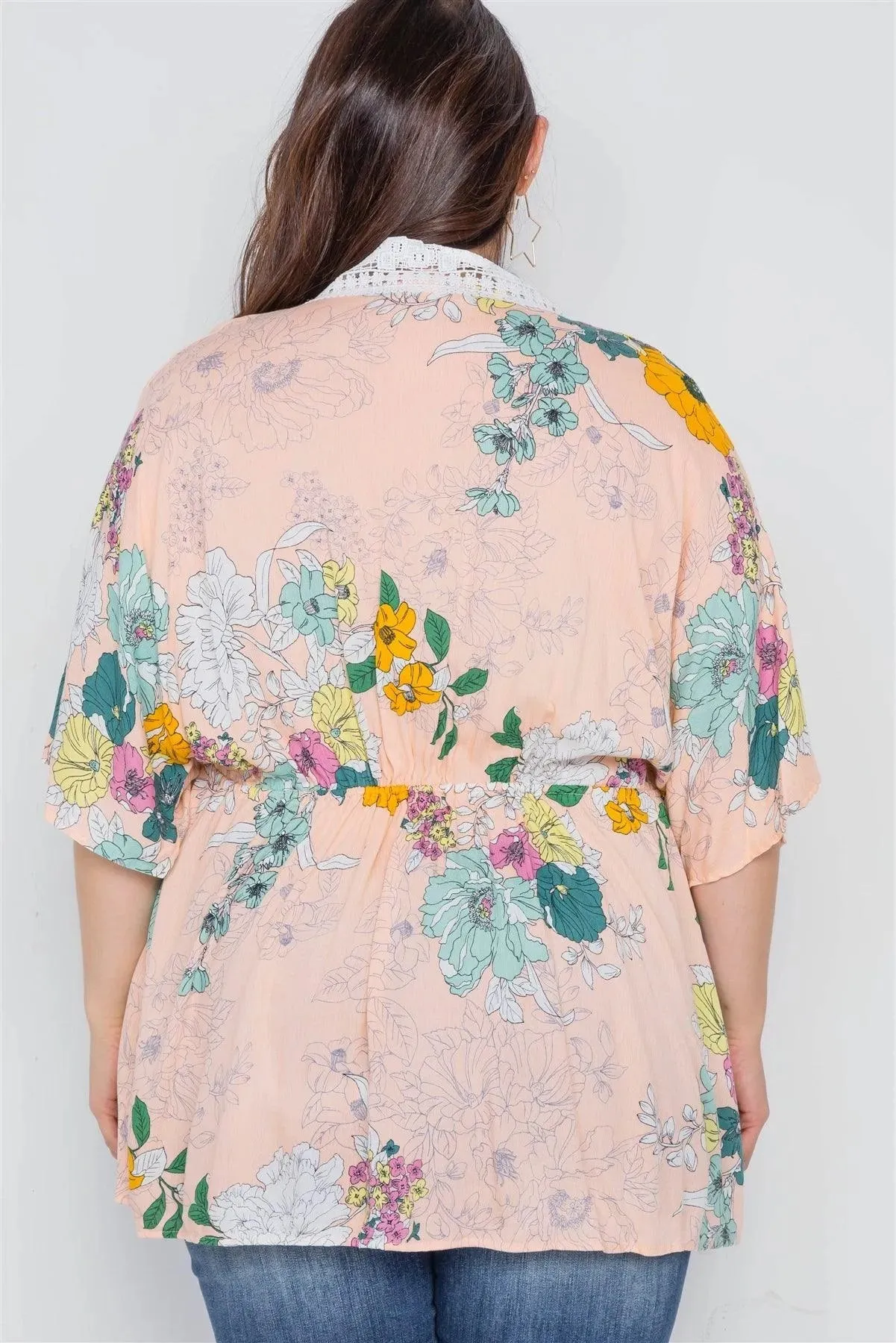 Plus Size Nude Floral Short Sleeve Kimono Cover-Up /2-2-2
