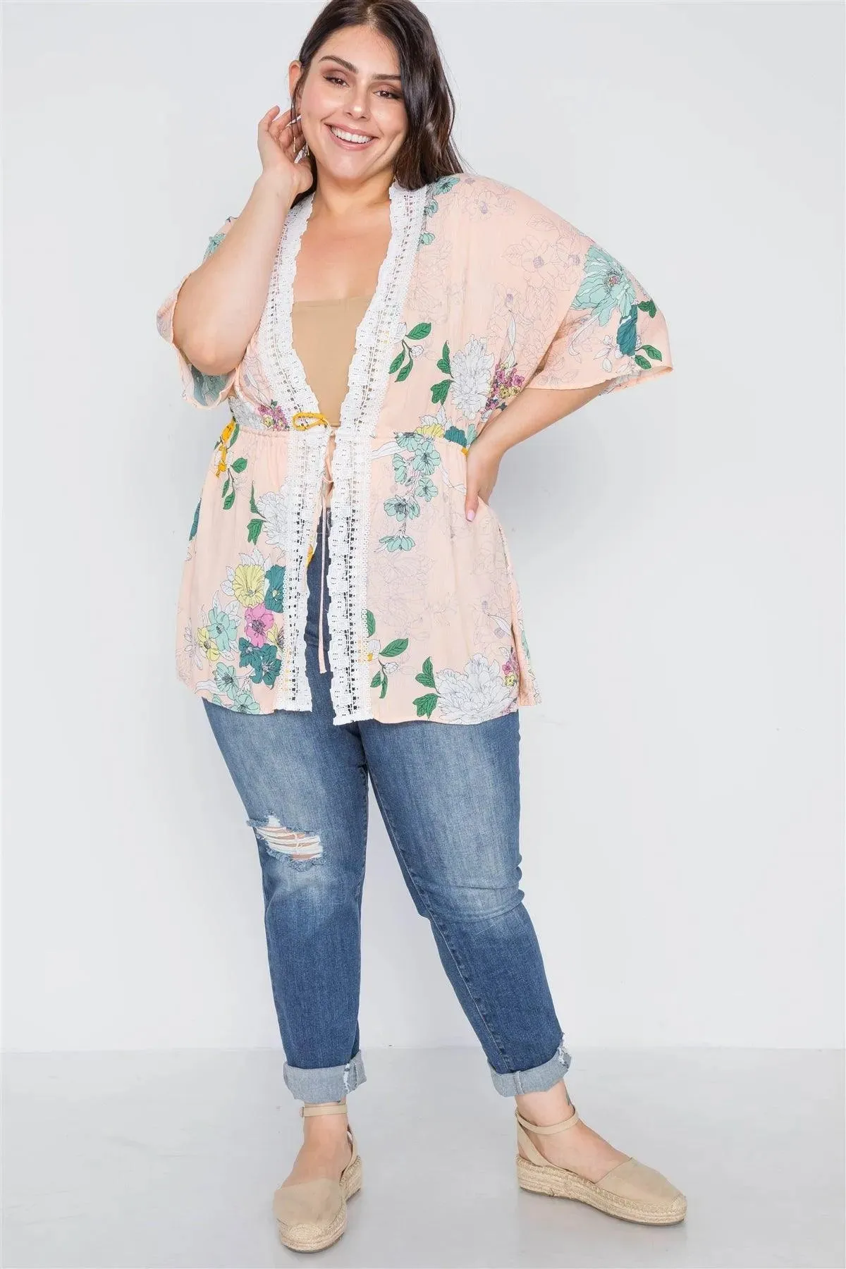 Plus Size Nude Floral Short Sleeve Kimono Cover-Up /2-2-2