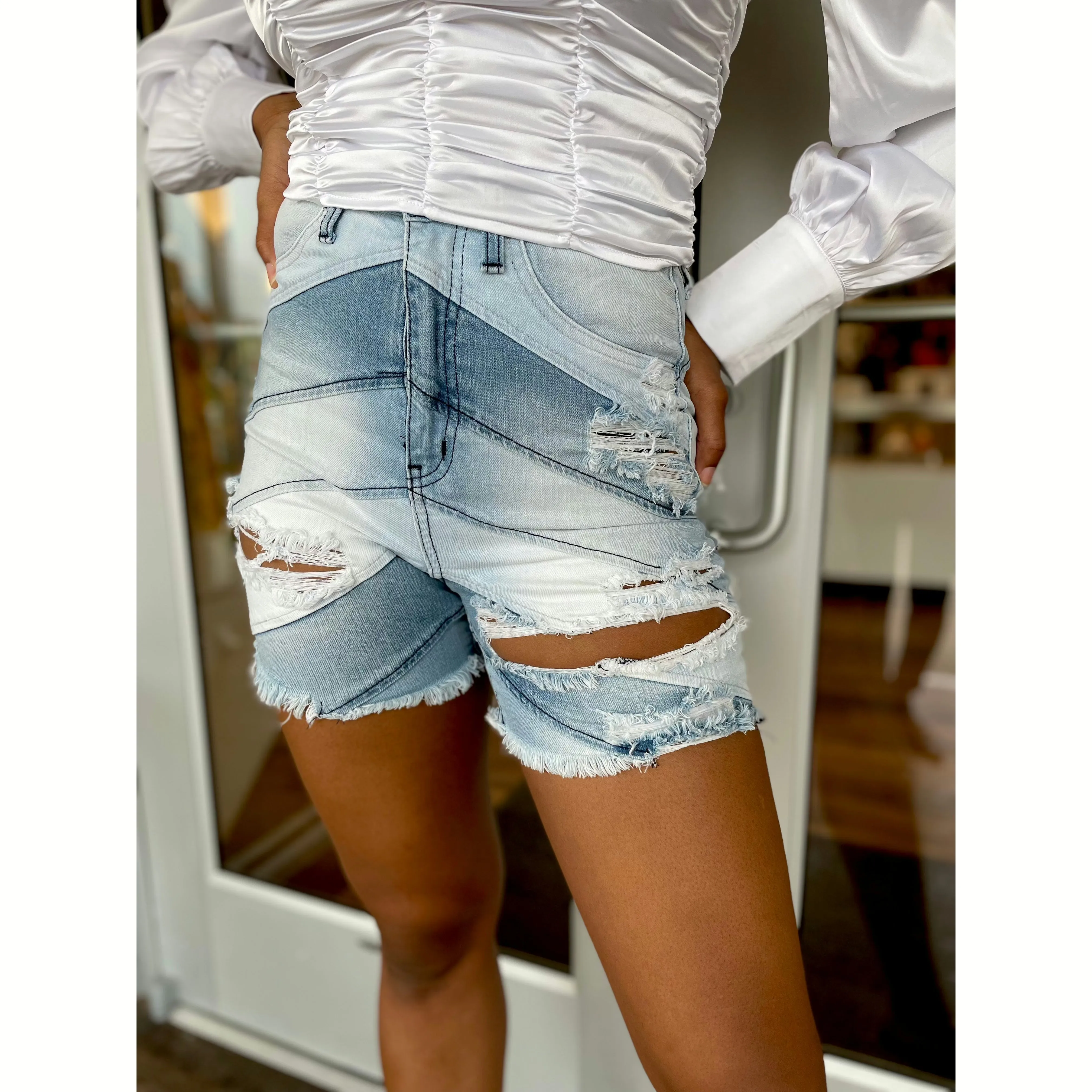 Ripped Denim Shorts - White Wash