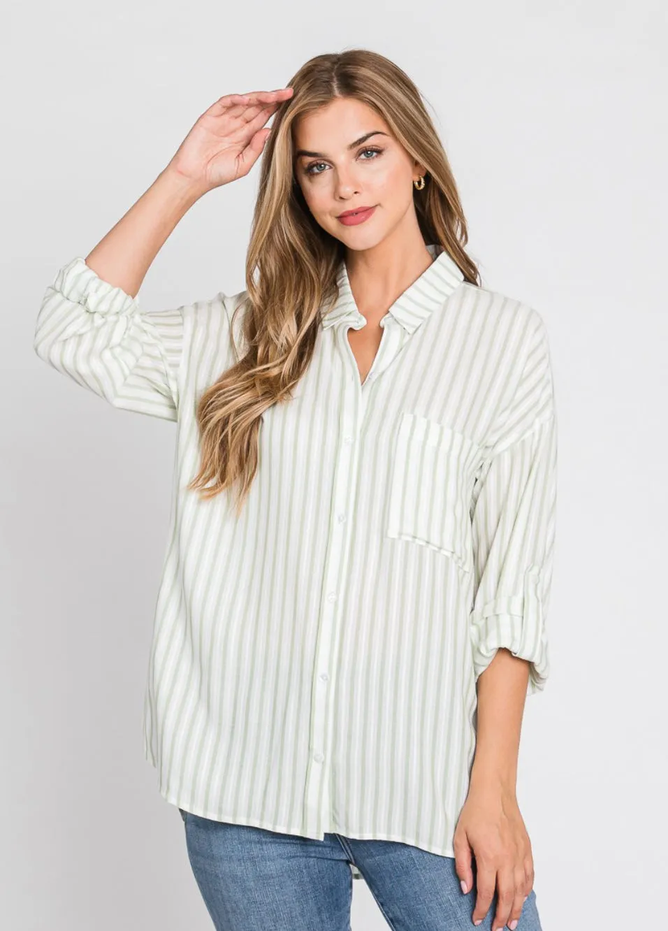 Sage Striped Linen Button Up