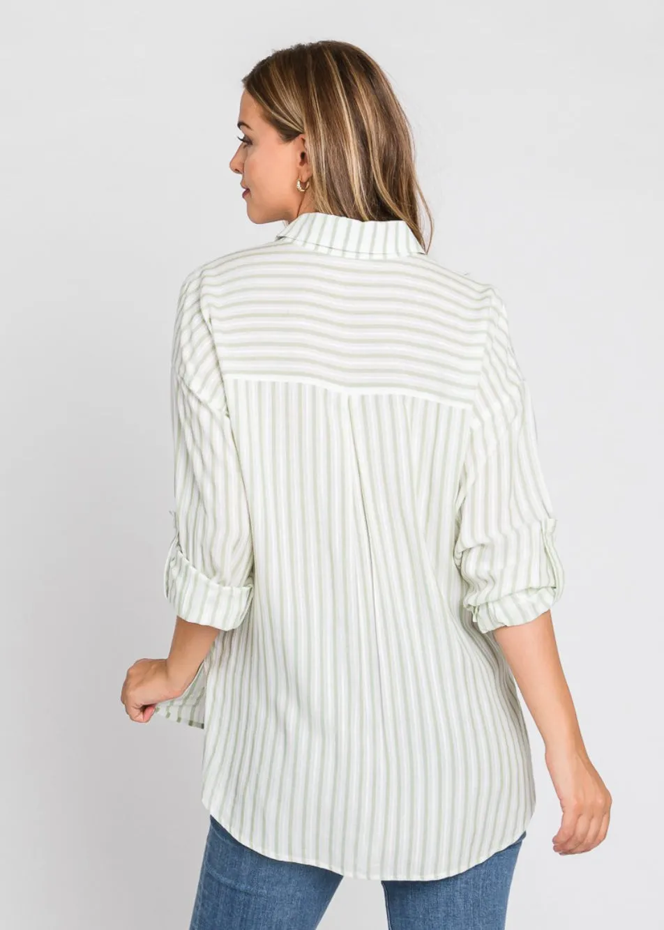 Sage Striped Linen Button Up