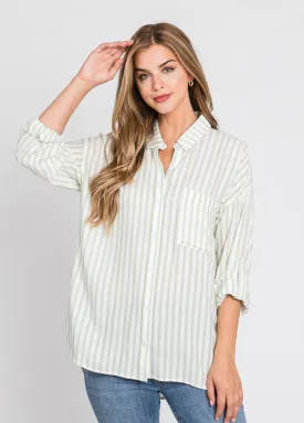 Sage Striped Linen Button Up