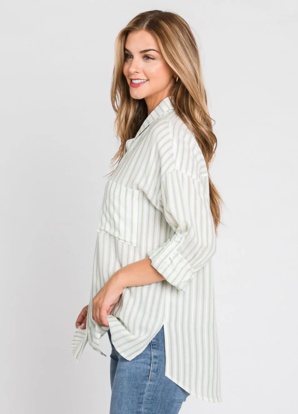 Sage Striped Linen Button Up