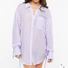 Savage X Fenty Rihanna Coastal Stripe Woven Voile Long-Sleeve Sleep Shirt (Medium)