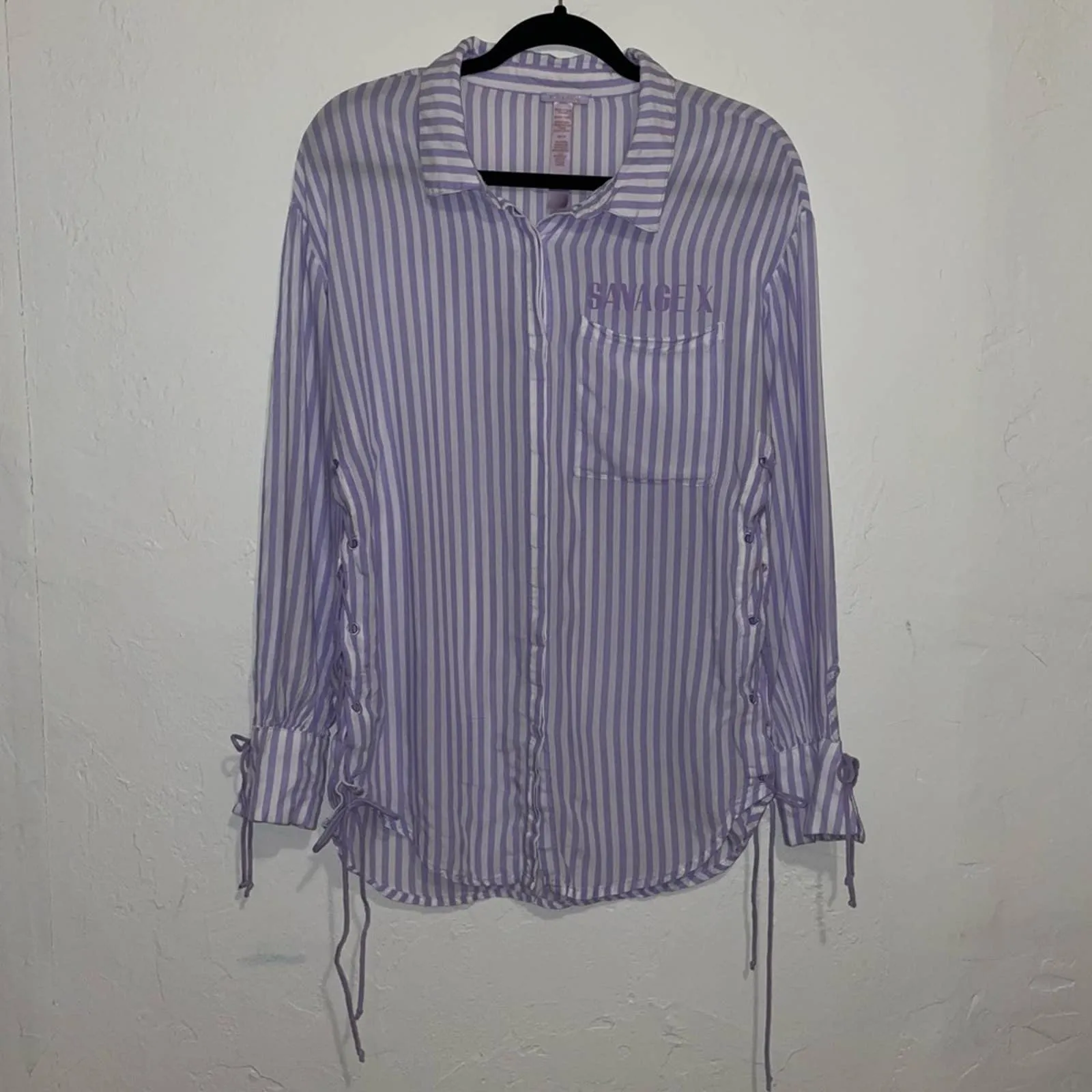 Savage X Fenty Rihanna Coastal Stripe Woven Voile Long-Sleeve Sleep Shirt (Medium)