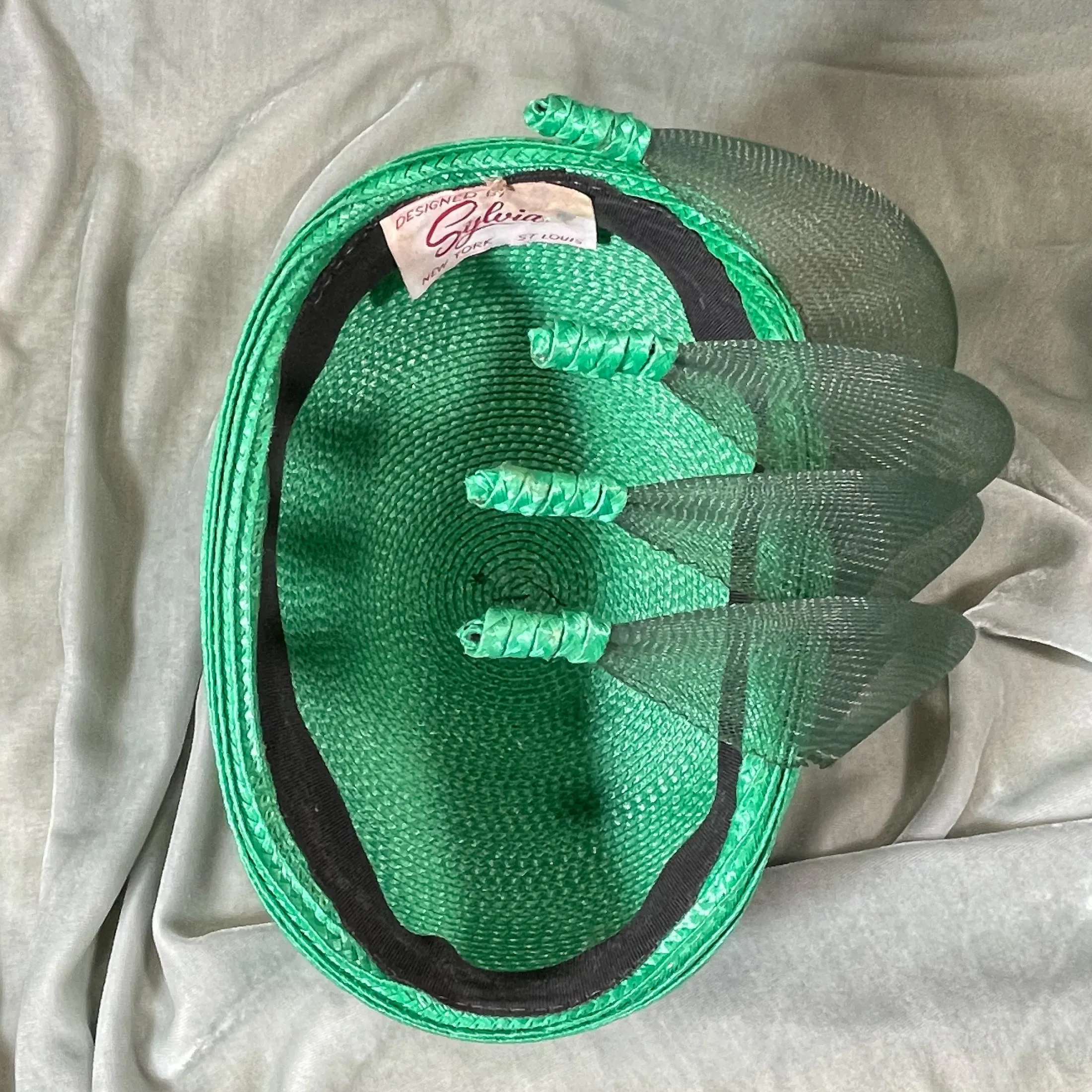 SOLD Vintage 40s Green Statement Straw Hat, Designed by Sylvia S