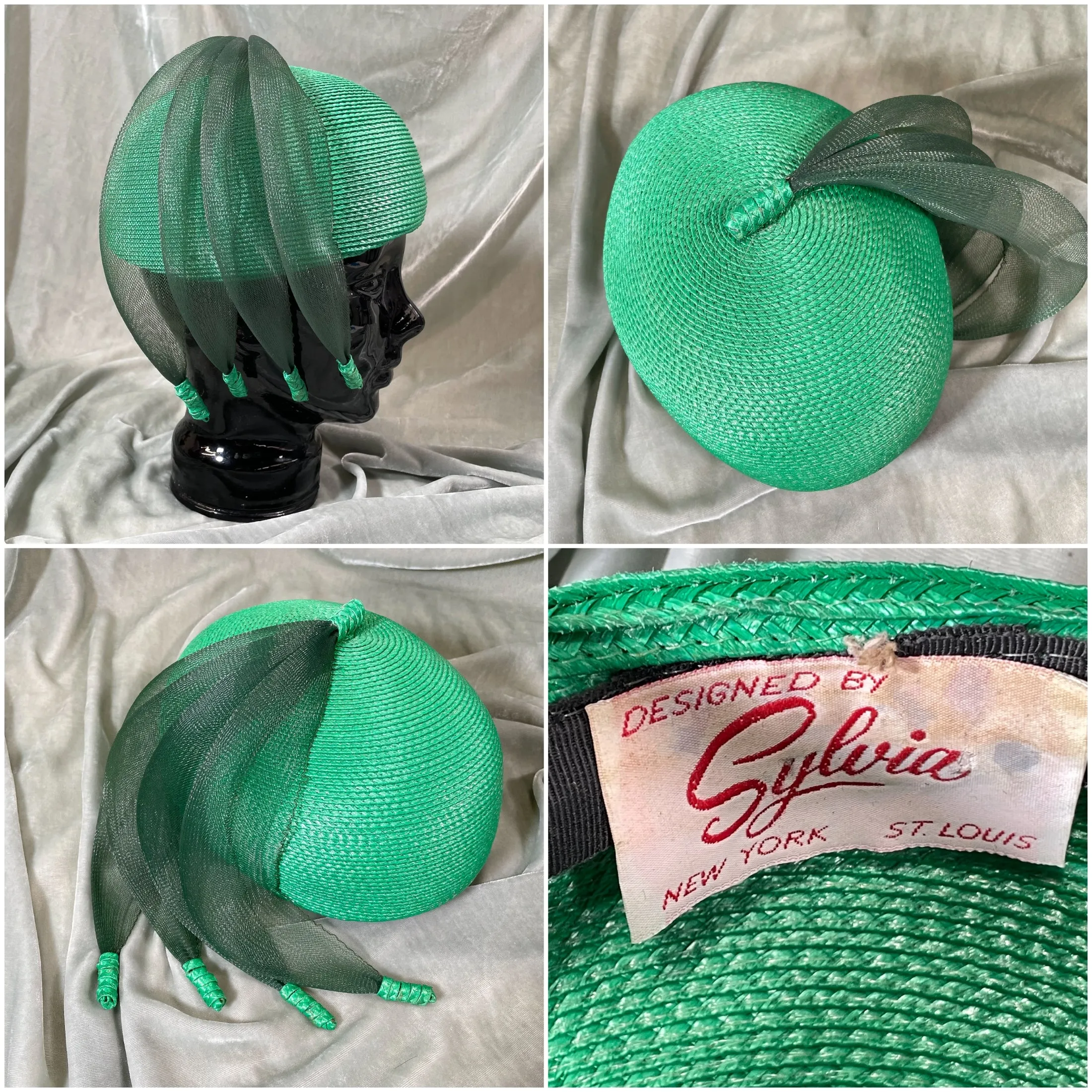 SOLD Vintage 40s Green Statement Straw Hat, Designed by Sylvia S