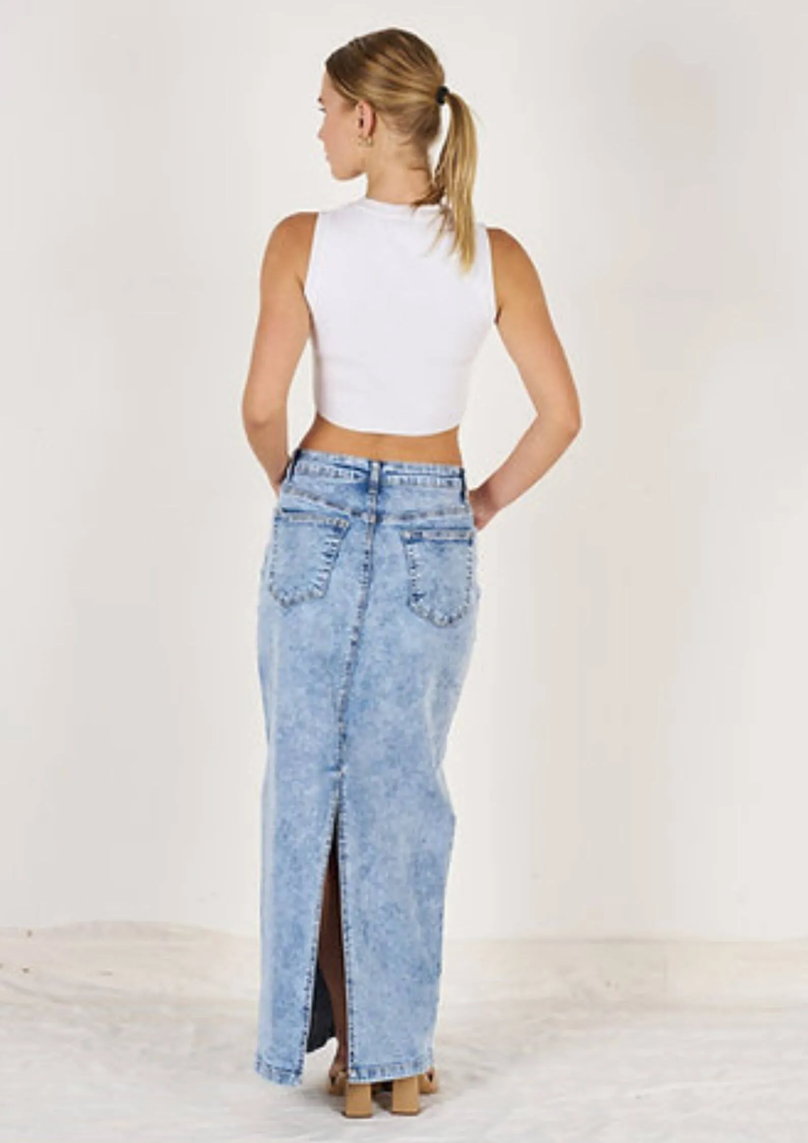 Stretch Denim Maxi Skirt in Blue Wash by Wakee