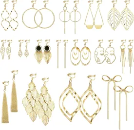 Thunaraz Gold Silver Clip on Dangle Earrings Set for Women Trendy Boho Dangling Clip Earrings Comfortable Fashion Bow Earrings Non-pierced Hypoallergenic