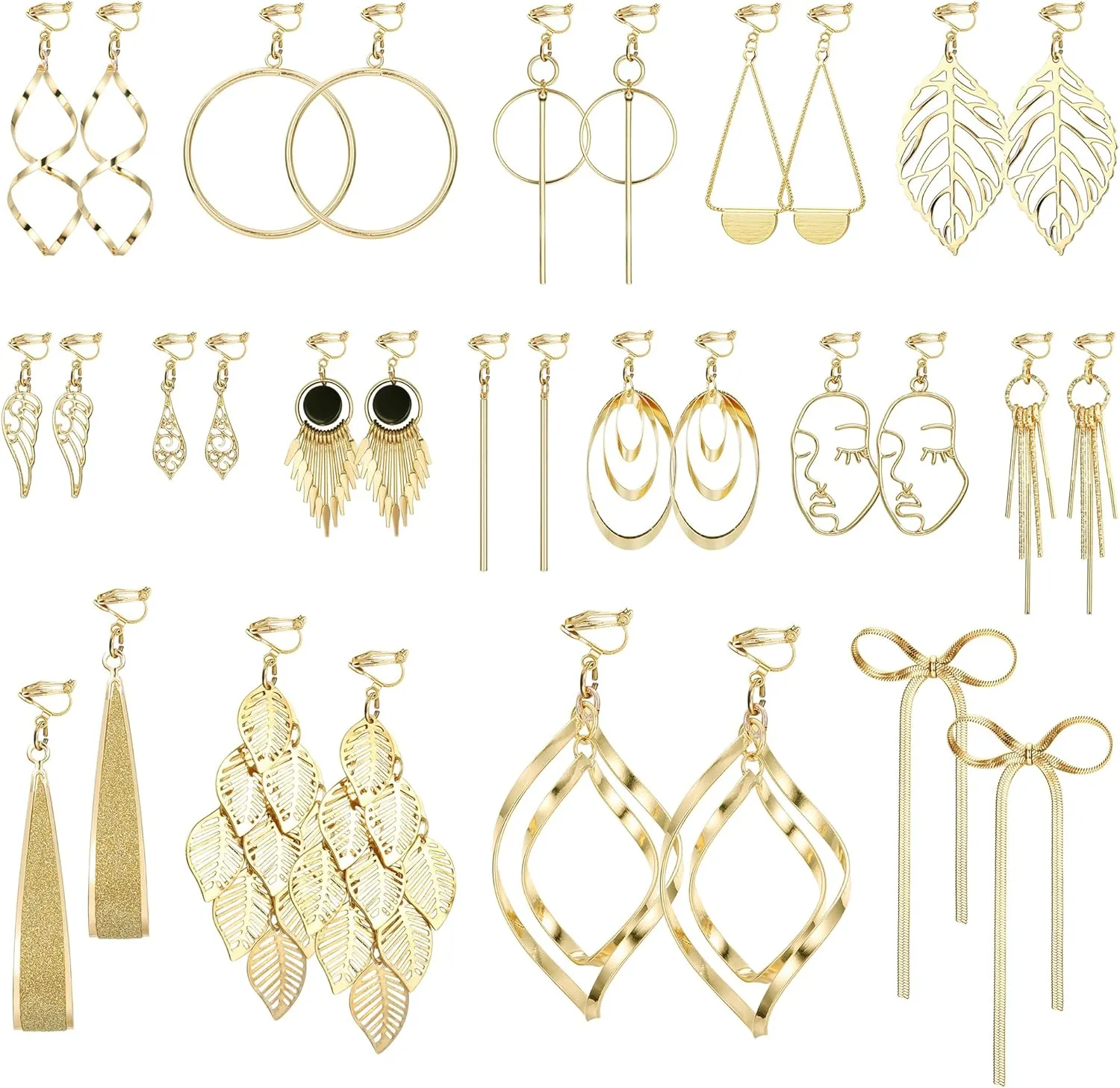 Thunaraz Gold Silver Clip on Dangle Earrings Set for Women Trendy Boho Dangling Clip Earrings Comfortable Fashion Bow Earrings Non-pierced Hypoallergenic