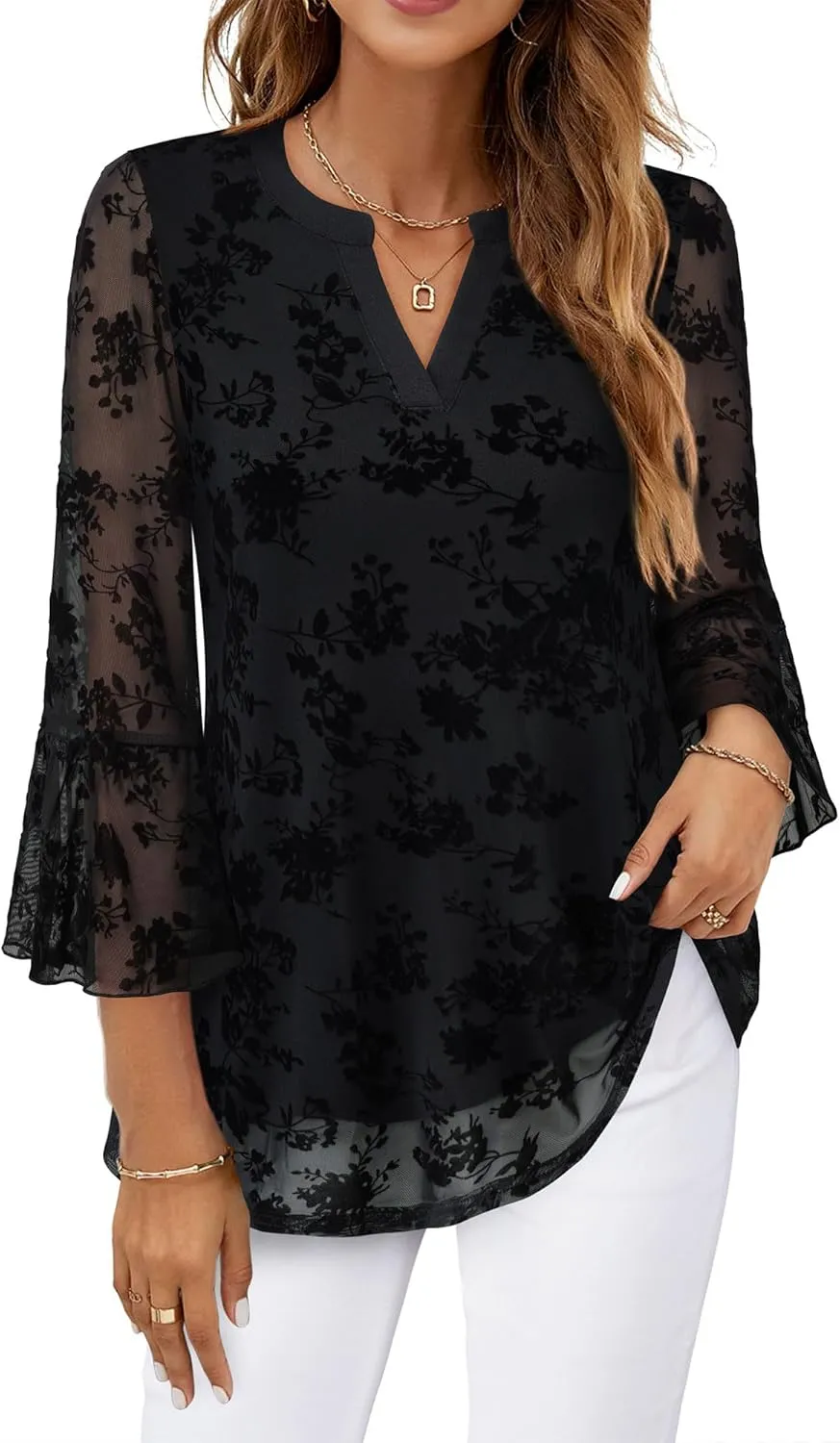 Timeson Women's 3/4 Sleeve Tops and Blouses V Neck Business Casual Shirts Dressy Tunics