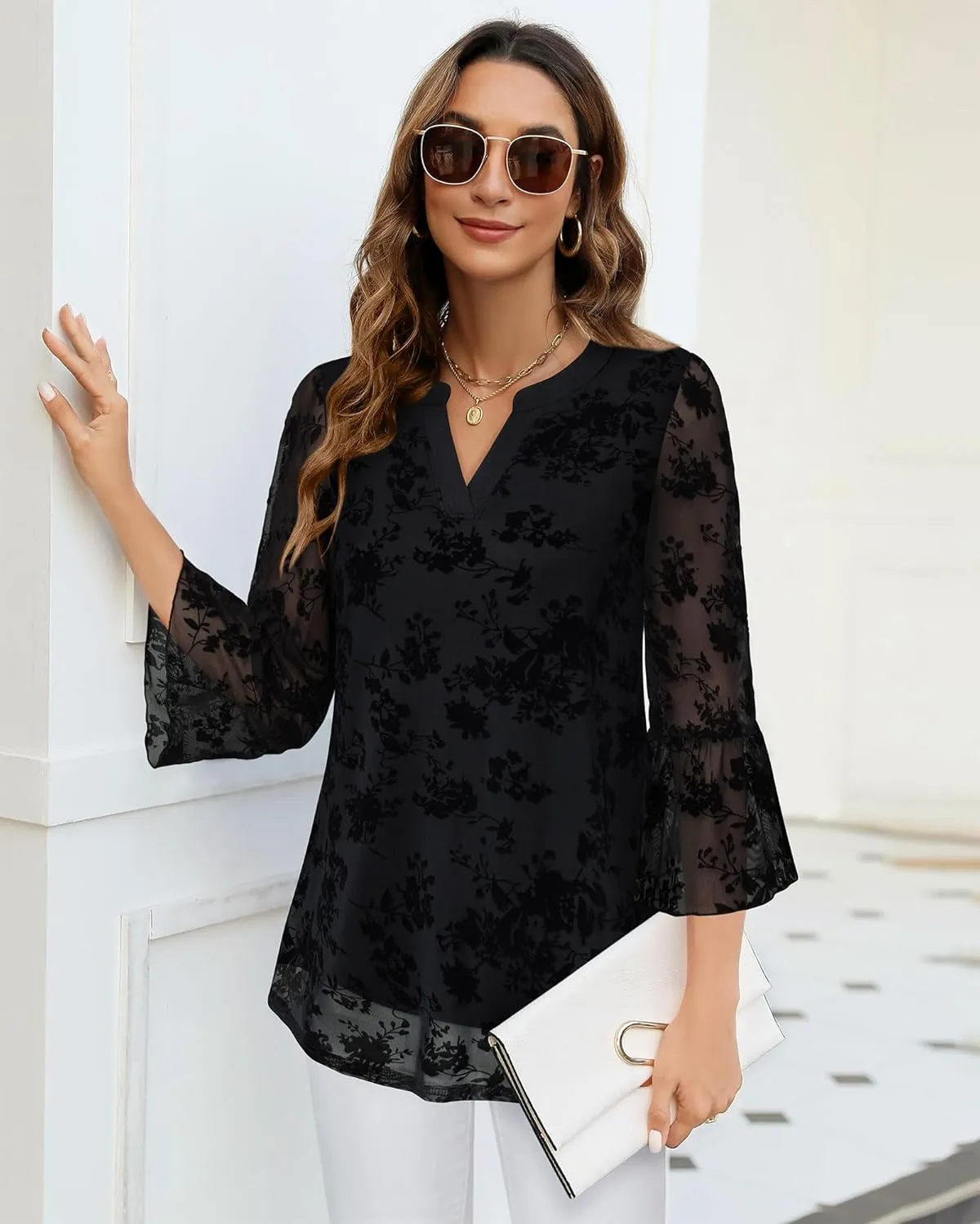 Timeson Women's 3/4 Sleeve Tops and Blouses V Neck Business Casual Shirts Dressy Tunics