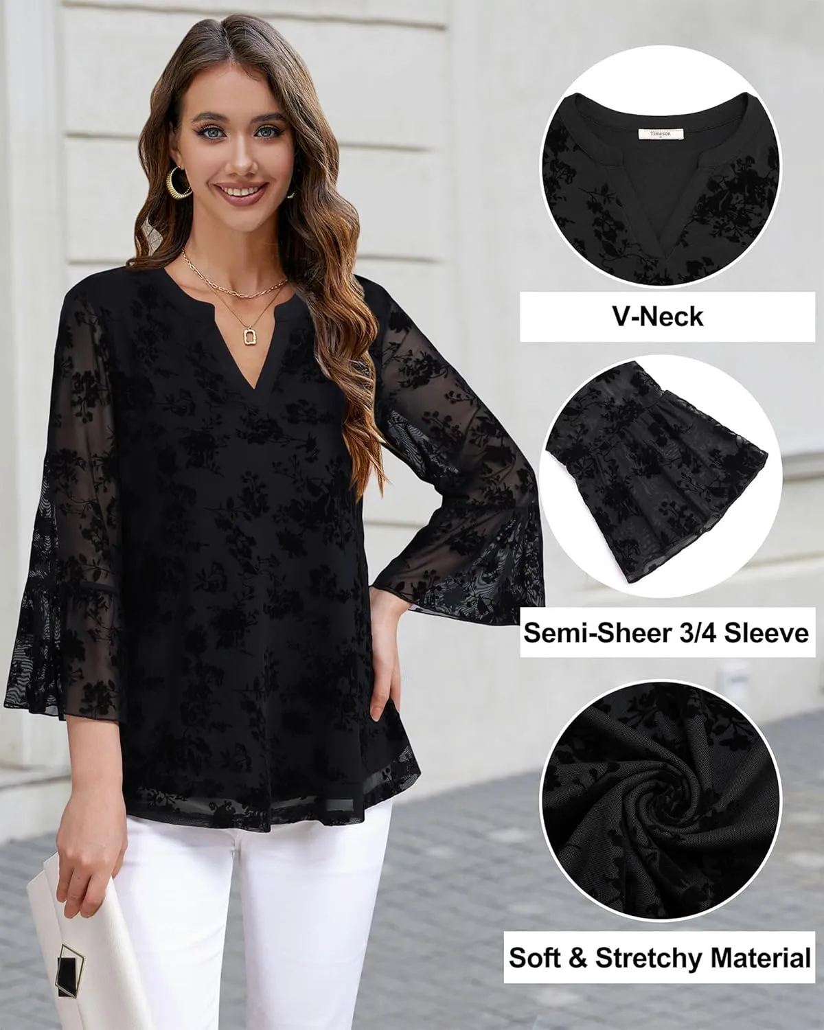 Timeson Women's 3/4 Sleeve Tops and Blouses V Neck Business Casual Shirts Dressy Tunics