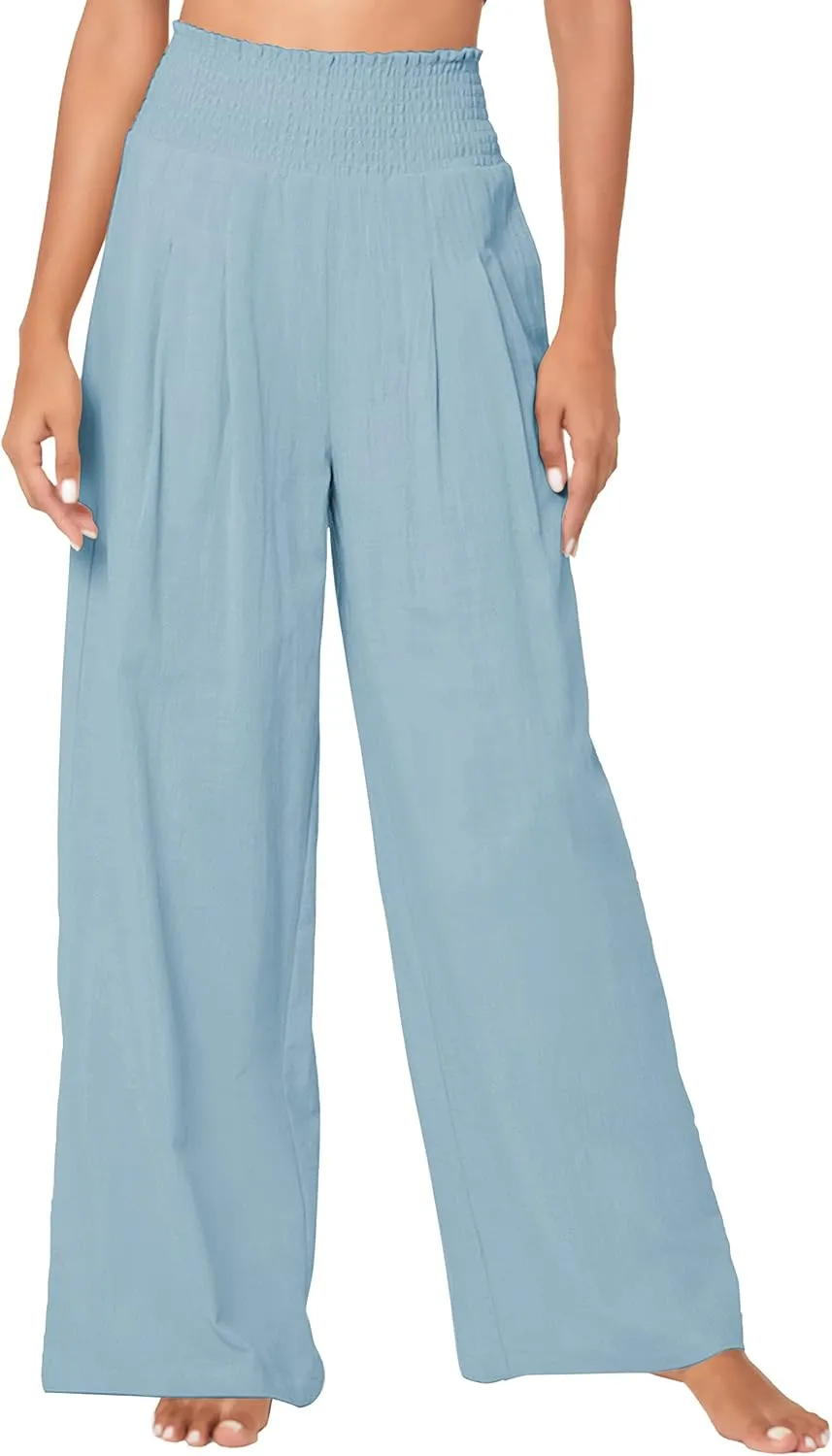 Urban CoCo Women's Elastic High Waist Light Weight Loose Casual Wide Leg Trousers Long Pants with Pocket