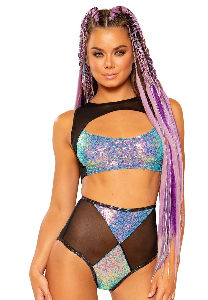 Water Opal Mesh Diamond High-Waist Shorts