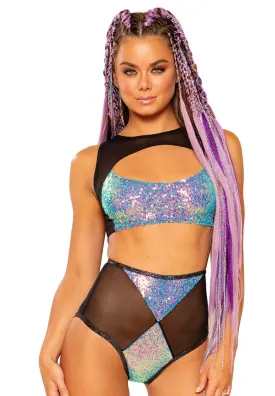 Water Opal Mesh Diamond High-Waist Shorts