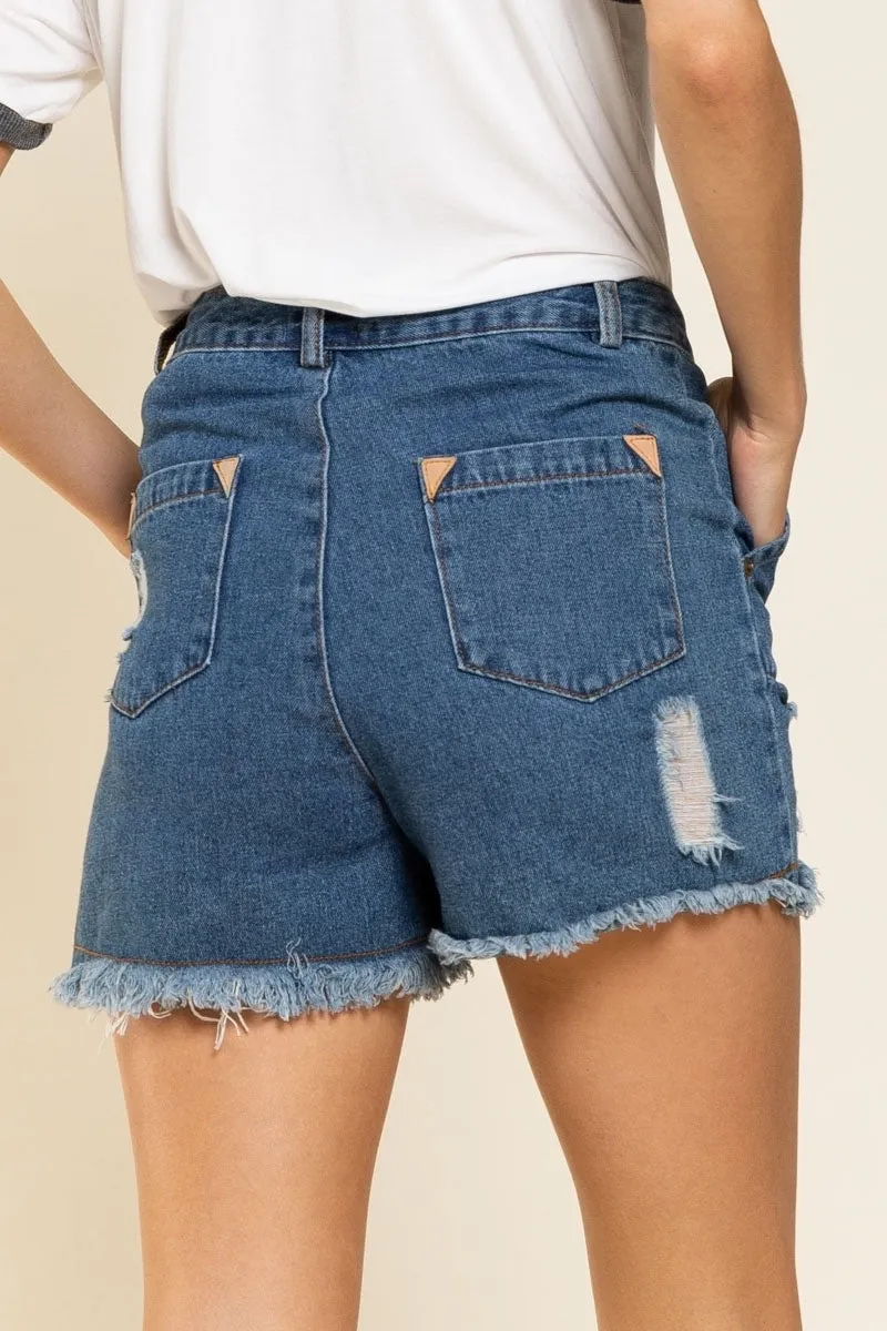 Wild Honey Distressed Fringe Hem Denim Shorts