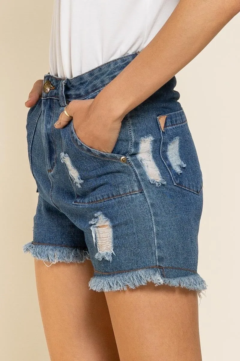 Wild Honey Distressed Fringe Hem Denim Shorts