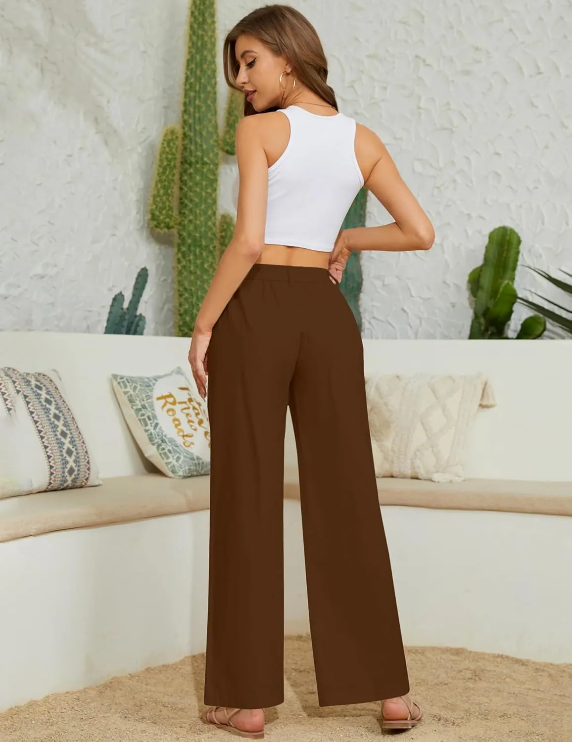 Women Casual Baggy Pants Wide Leg Elastic Waist Comfy Long Trendy Lounge Trousers with Pockets