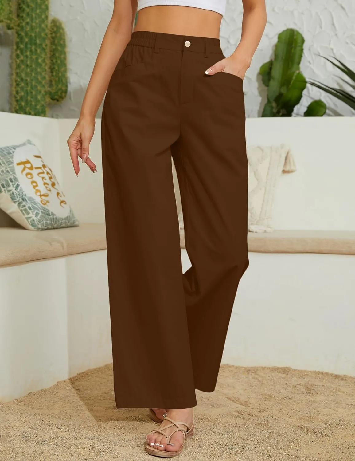 Women Casual Baggy Pants Wide Leg Elastic Waist Comfy Long Trendy Lounge Trousers with Pockets