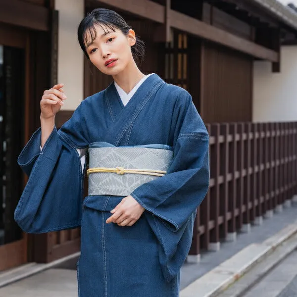 Women's Denim Kimono 4-Piece Set (Kimono, Obi, Obiage, Obijime) for everyday wear