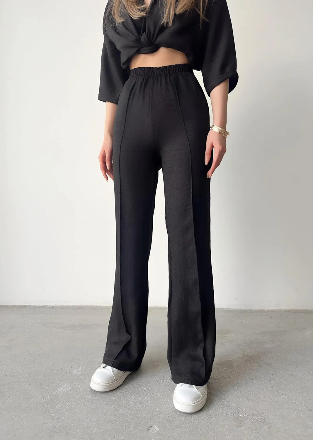 Women's High Waist Wide Leg Black Linen Pant and Sweatpants, Summery Fabric, Pockets and Stripe Stitching Detail