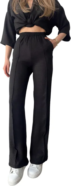 Women's High Waist Wide Leg Black Linen Pant and Sweatpants, Summery Fabric, Pockets and Stripe Stitching Detail