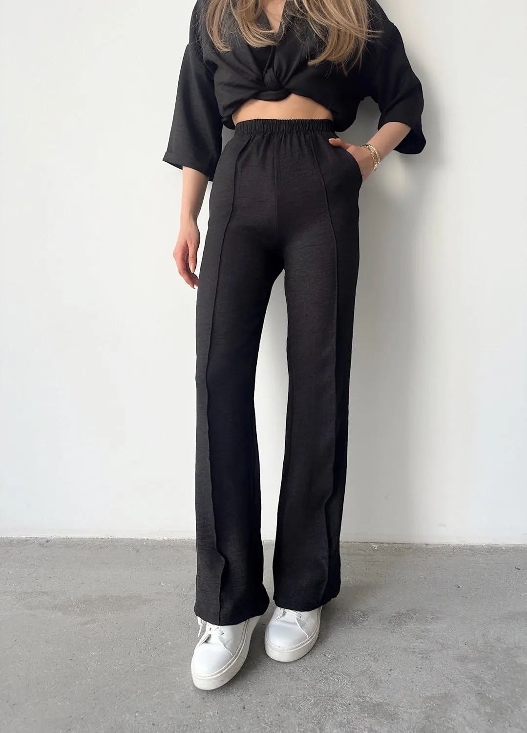 Women's High Waist Wide Leg Black Linen Pant and Sweatpants, Summery Fabric, Pockets and Stripe Stitching Detail