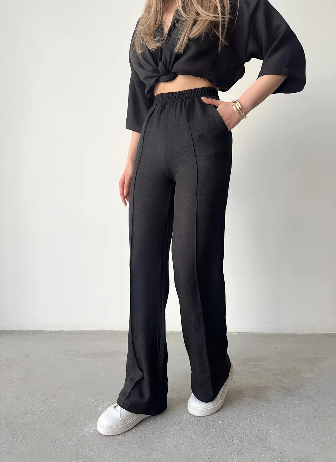 Women's High Waist Wide Leg Black Linen Pant and Sweatpants, Summery Fabric, Pockets and Stripe Stitching Detail